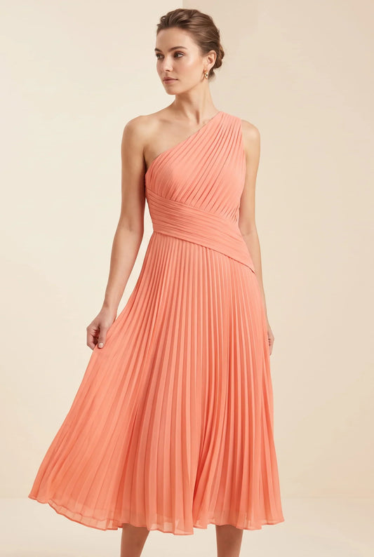 One Shoulder Pleated Maxi Dress – Defined Waist Wedding Guest