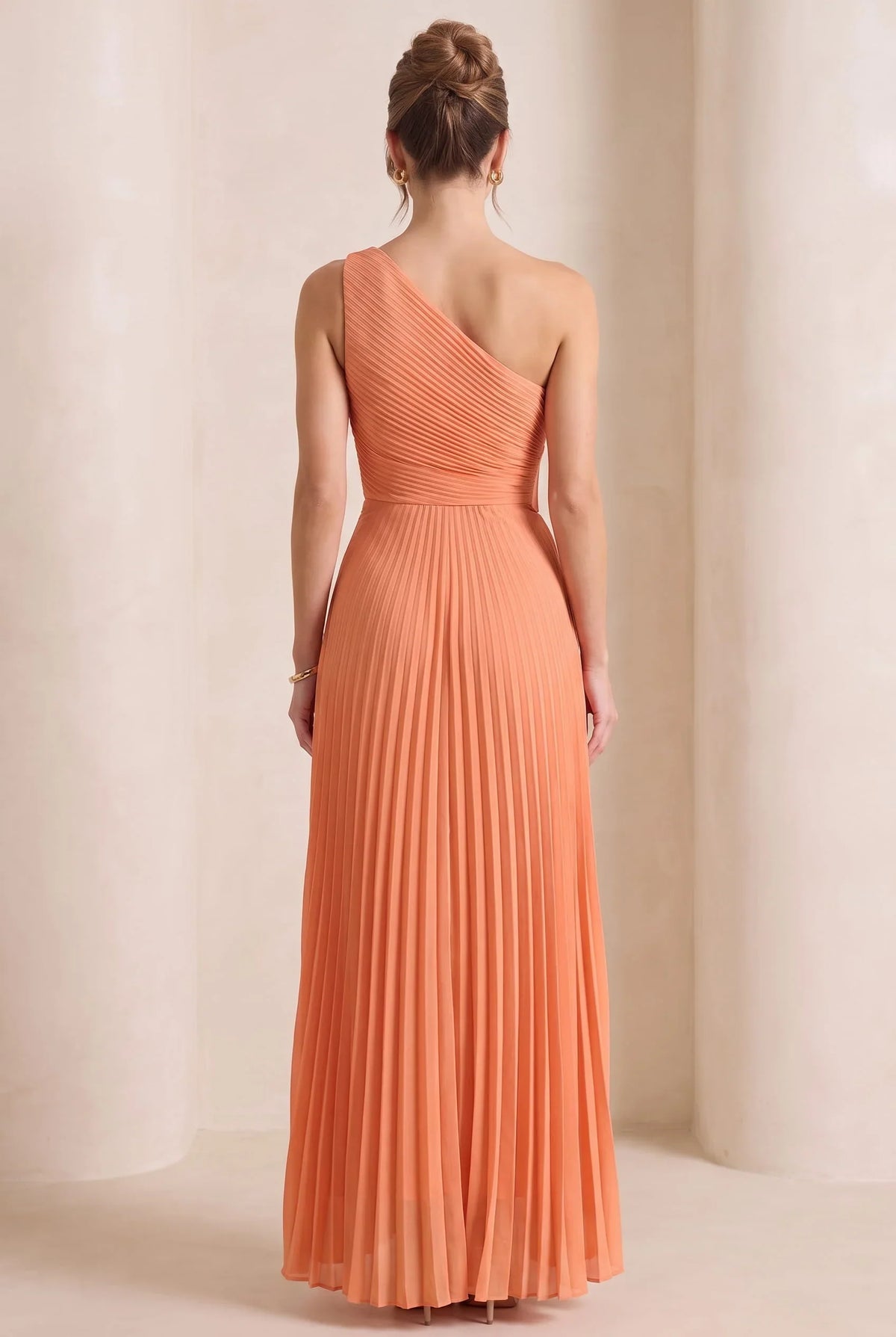 One Shoulder Pleated Maxi Dress – Defined Waist Wedding Guest