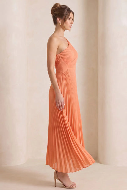 One Shoulder Pleated Maxi Dress – Defined Waist Wedding Guest