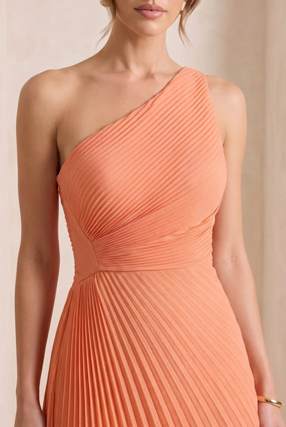 One Shoulder Pleated Maxi Dress – Defined Waist Wedding Guest