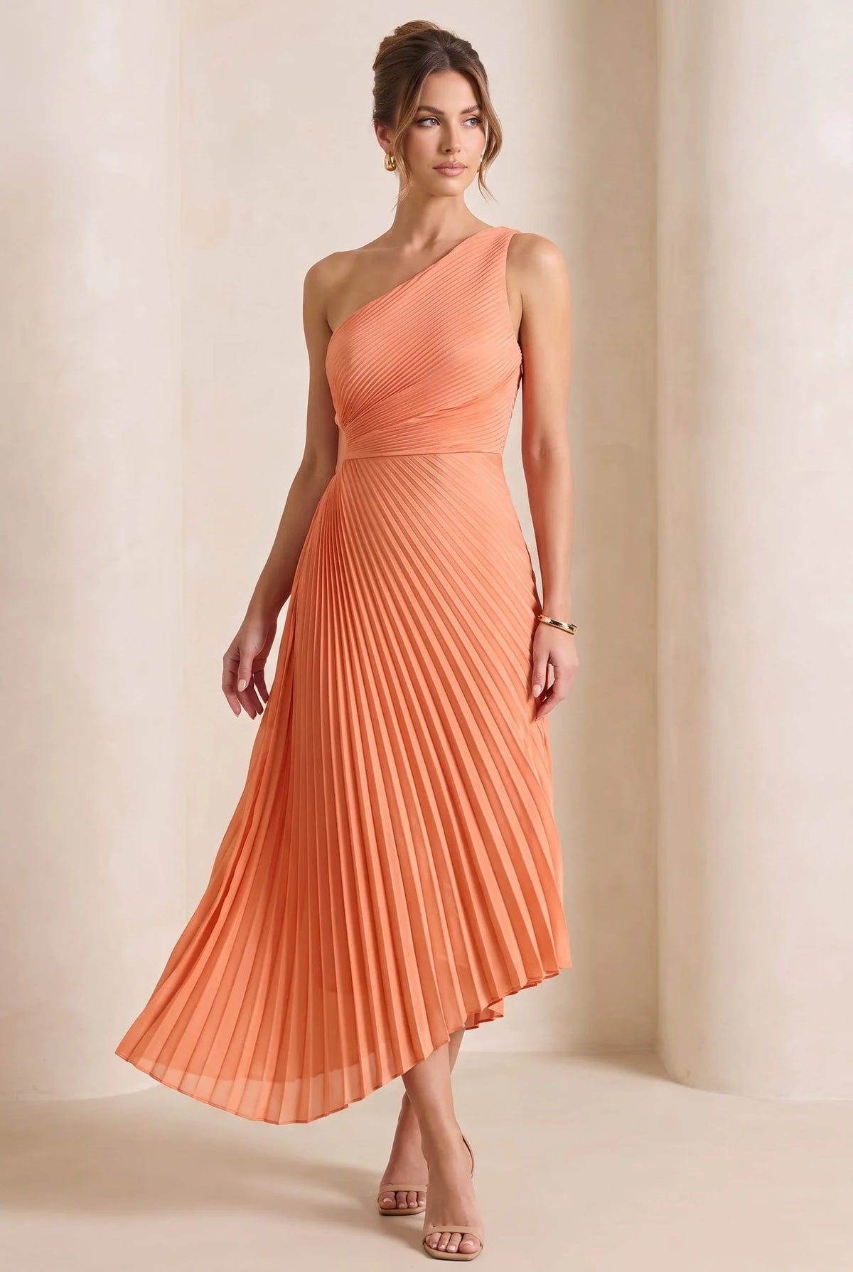 One Shoulder Pleated Maxi Dress – Defined Waist Wedding Guest