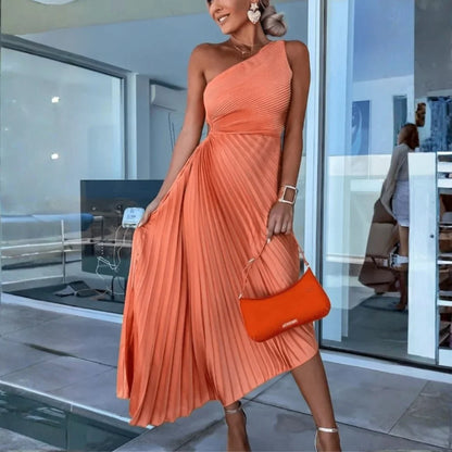 One Shoulder Pleated Maxi Dress – Defined Waist Wedding Guest