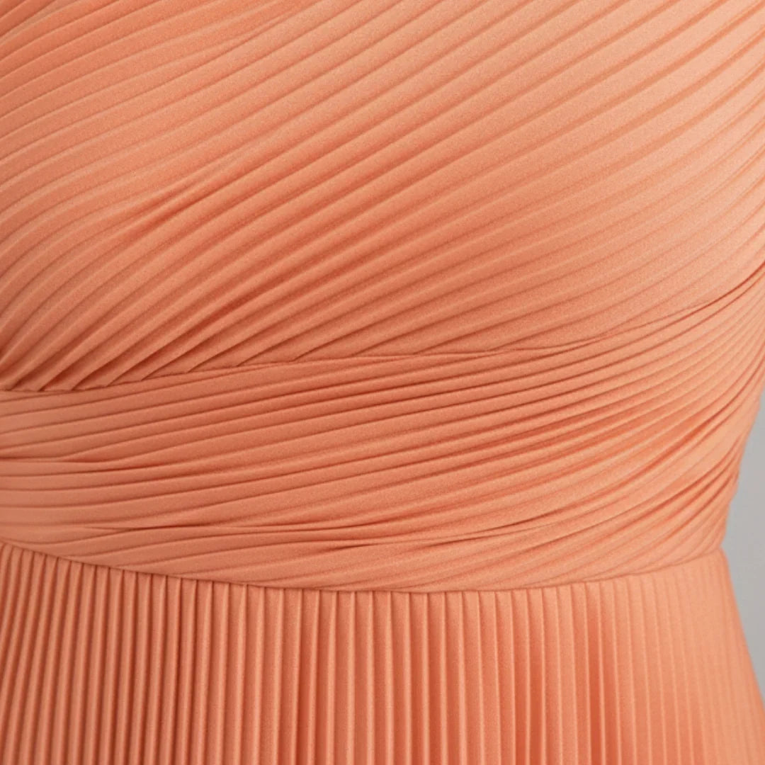 One Shoulder Pleated Maxi Dress – Defined Waist Wedding Guest