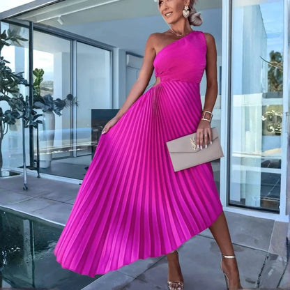 One Shoulder Pleated Maxi Dress – Defined Waist Wedding Guest