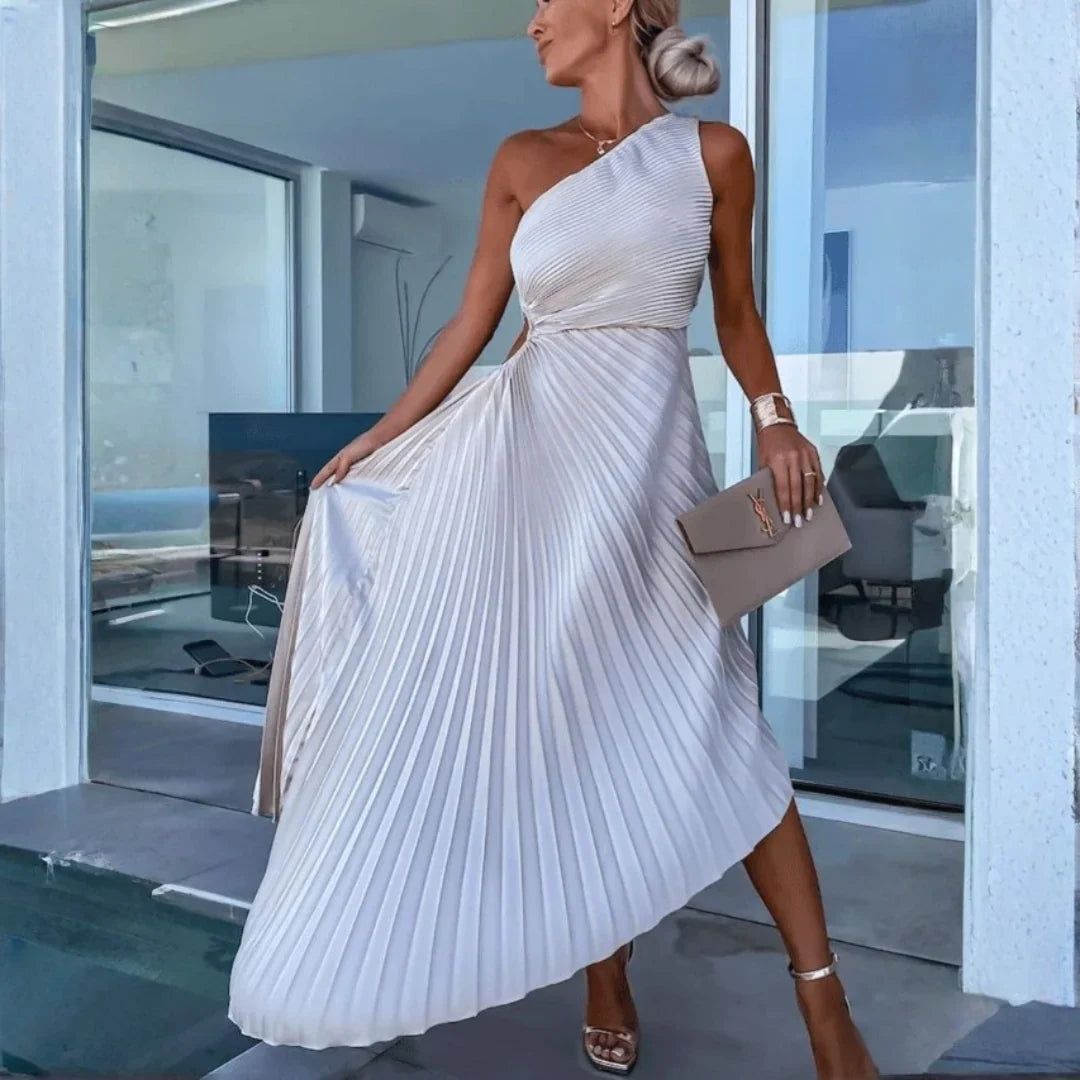 One Shoulder Pleated Maxi Dress – Defined Waist Wedding Guest