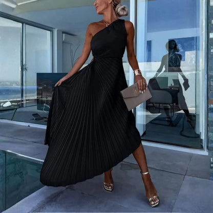 One Shoulder Pleated Maxi Dress – Defined Waist Wedding Guest
