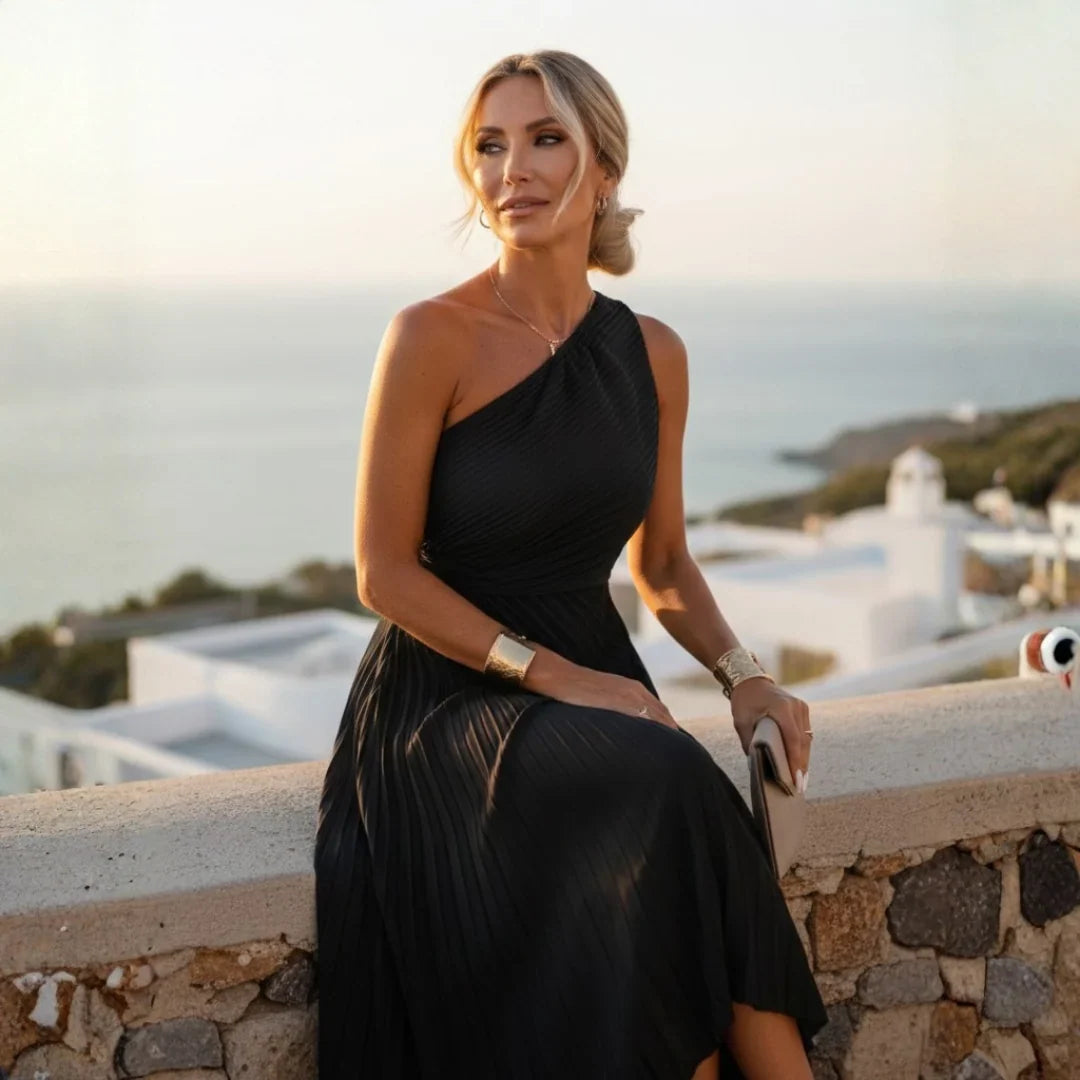One Shoulder Pleated Maxi Dress – Defined Waist Wedding Guest