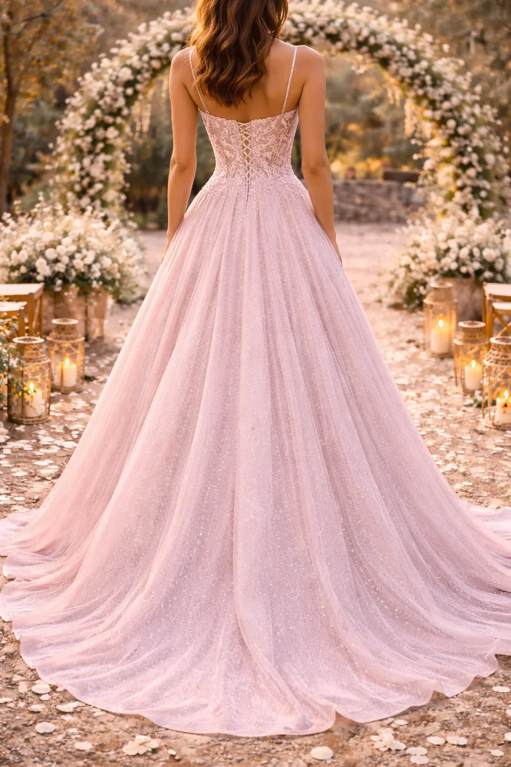 Pink Glitter Tulle Ball Gown – Lace Corset Prom Dress