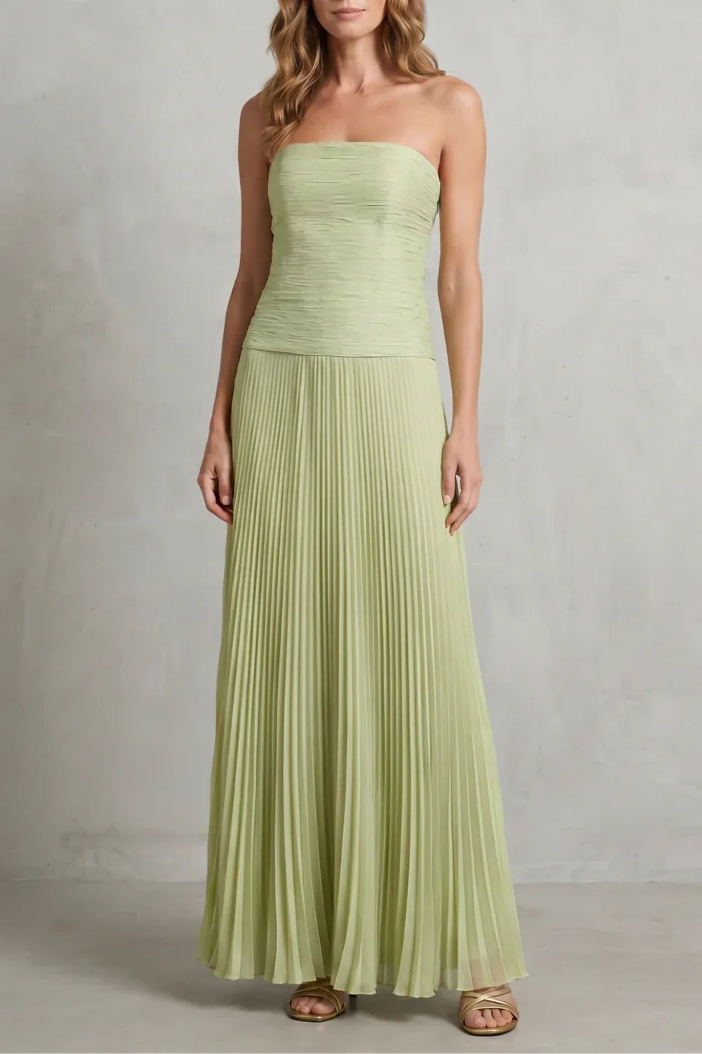 Sage Green Strapless Pleated Maxi Dress – Ruched Bodice Evening Gown