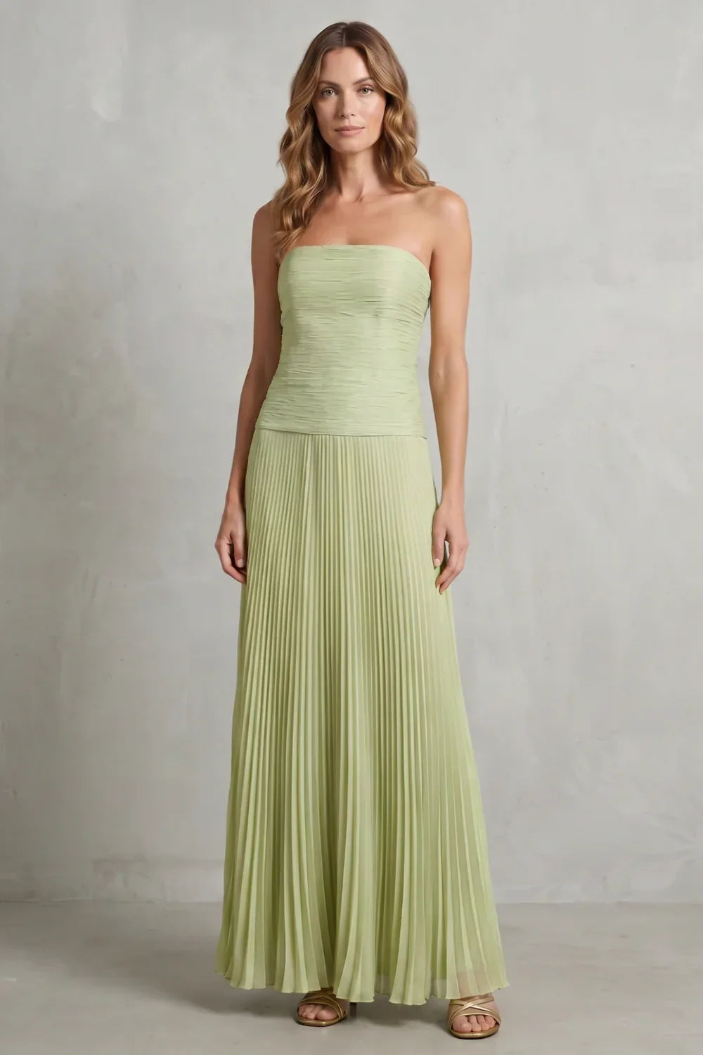 Sage Green Strapless Pleated Maxi Dress – Ruched Bodice Evening Gown
