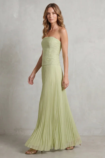 Sage Green Strapless Pleated Maxi Dress – Ruched Bodice Evening Gown
