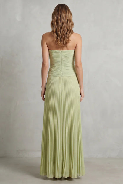 Sage Green Strapless Pleated Maxi Dress – Ruched Bodice Evening Gown