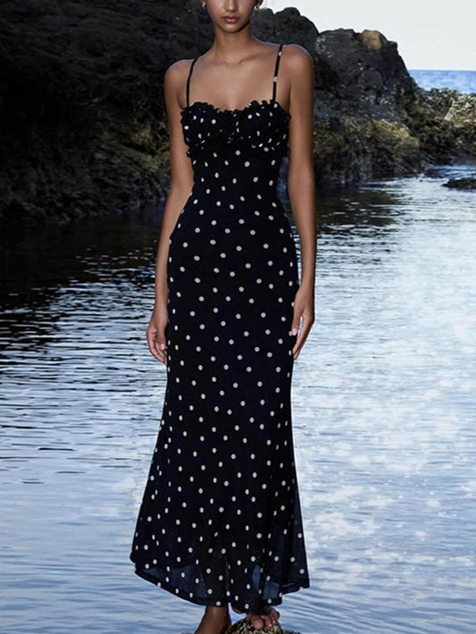 Black Polka Dot Maxi Dress – Sweetheart Neck Ruffle Trim