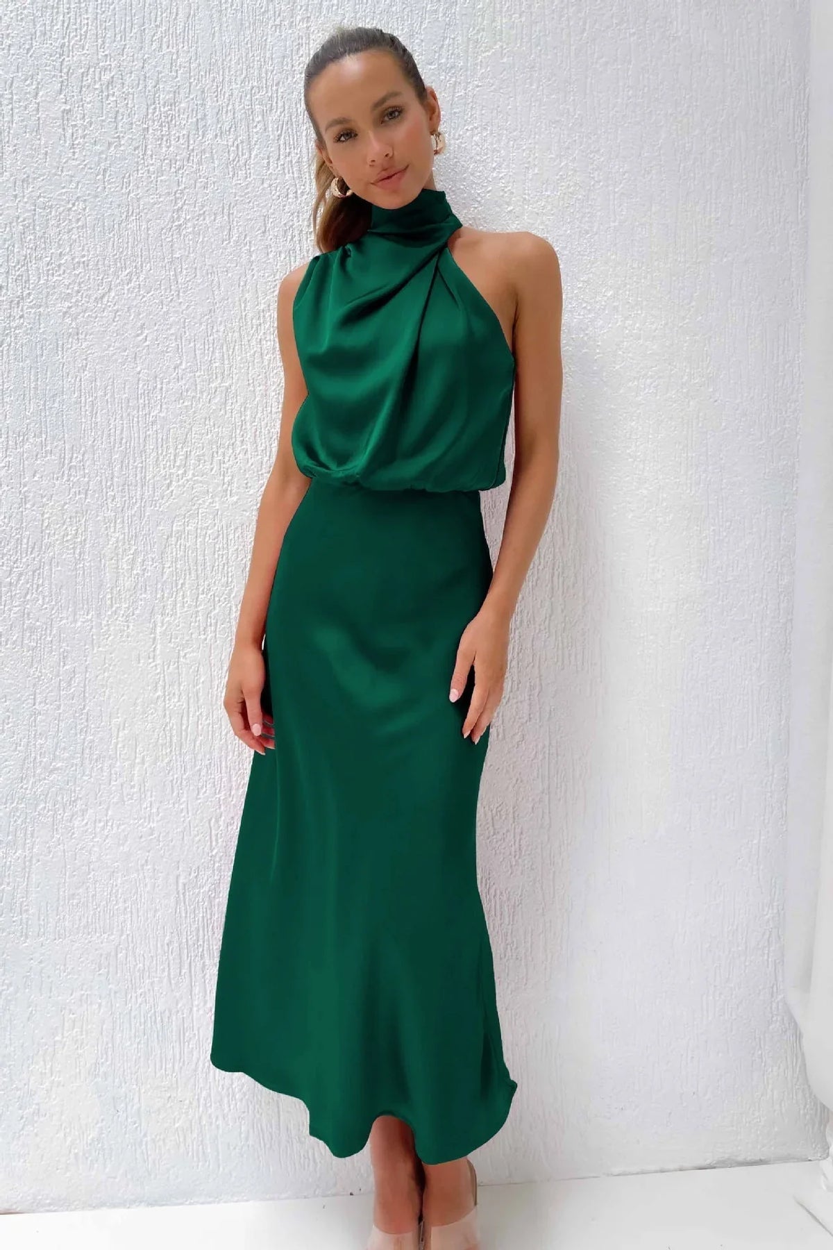 Satin Halter Neck Maxi Dress – Draped Cowl Bridesmaid Dress