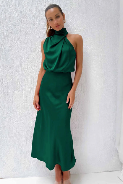 Satin Halter Neck Maxi Dress – Draped Cowl Bridesmaid Dress