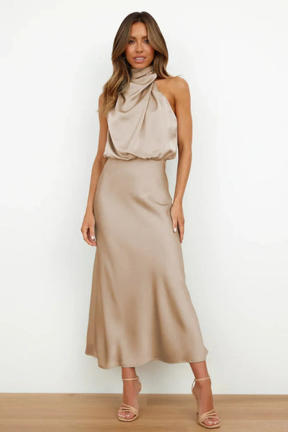 Satin Halter Neck Maxi Dress – Draped Cowl Bridesmaid Dress
