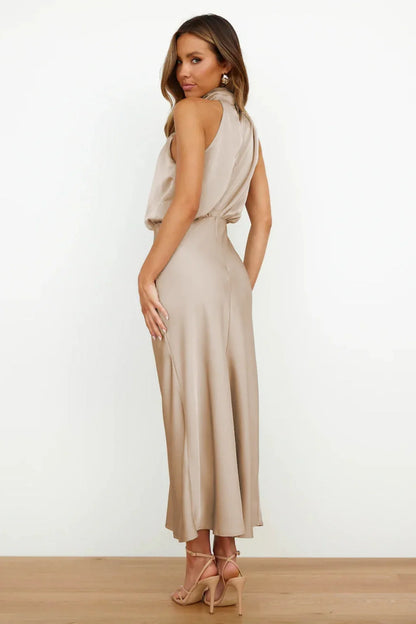 Satin Halter Neck Maxi Dress – Draped Cowl Bridesmaid Dress