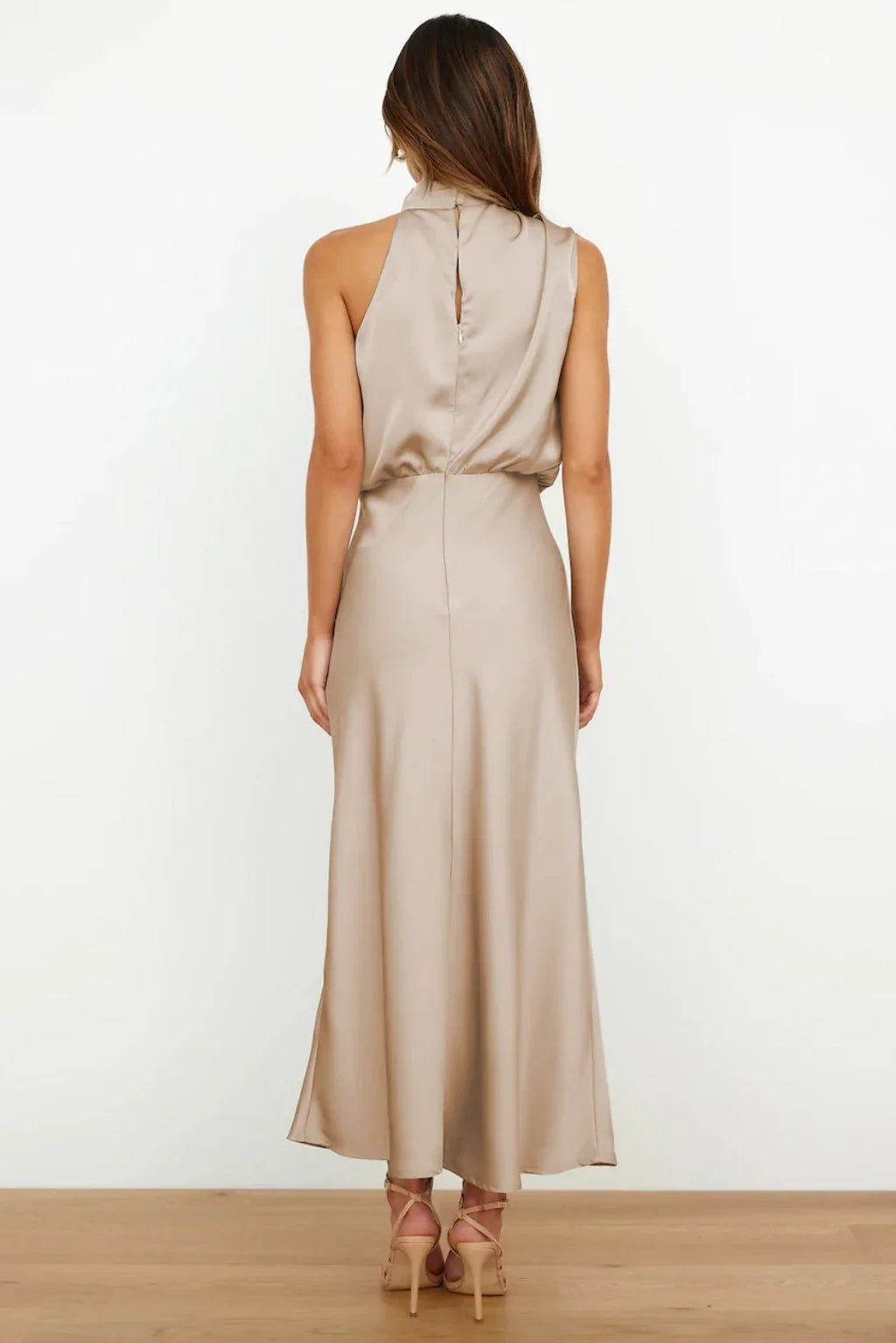 Satin Halter Neck Maxi Dress – Draped Cowl Bridesmaid Dress
