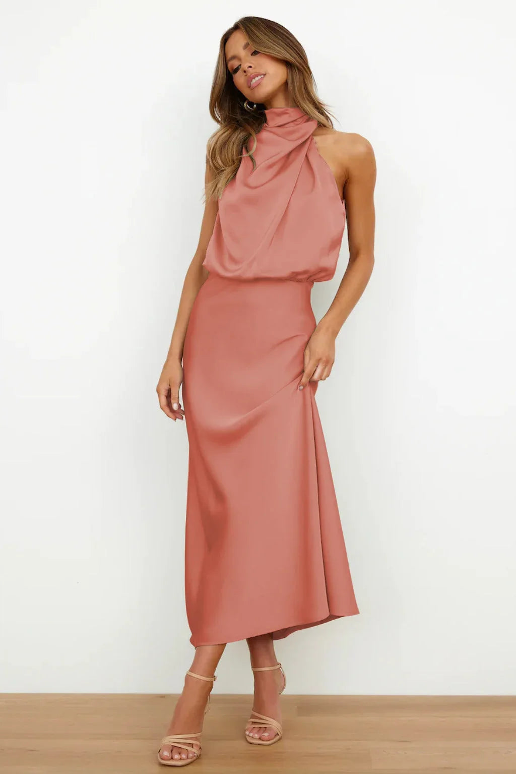 Satin Halter Neck Maxi Dress – Draped Cowl Bridesmaid Dress