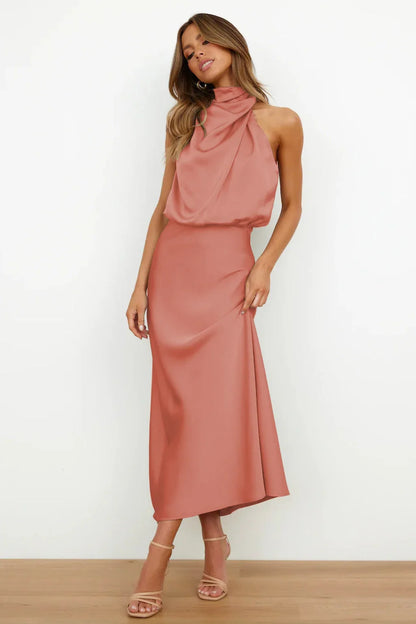 Satin Halter Neck Maxi Dress – Draped Cowl Bridesmaid Dress