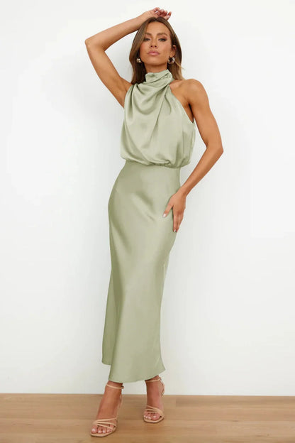 Satin Halter Neck Maxi Dress – Draped Cowl Bridesmaid Dress