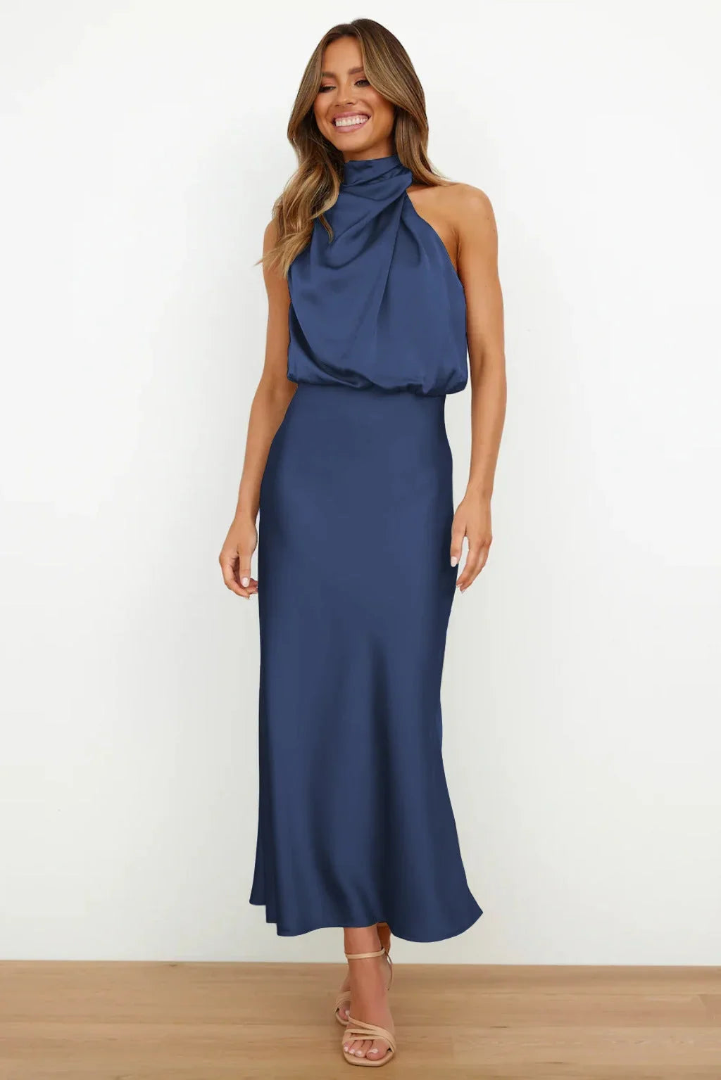 Satin Halter Neck Maxi Dress – Draped Cowl Bridesmaid Dress