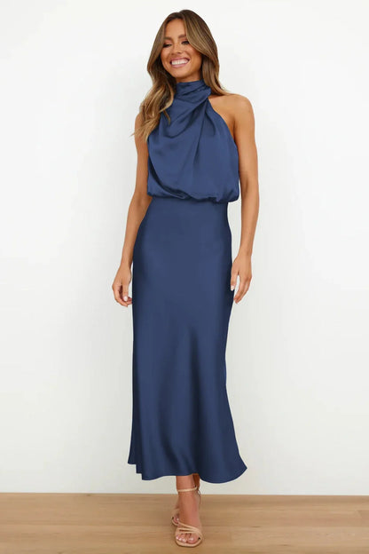 Satin Halter Neck Maxi Dress – Draped Cowl Bridesmaid Dress