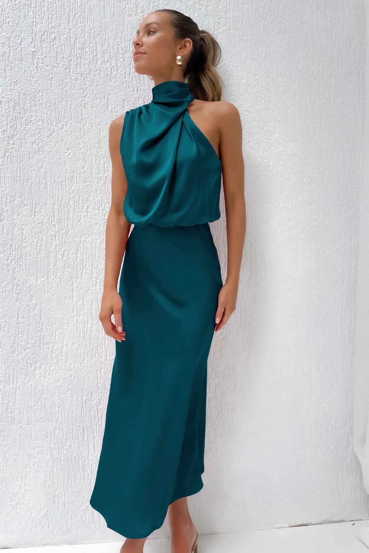 Satin Halter Neck Maxi Dress – Draped Cowl Bridesmaid Dress