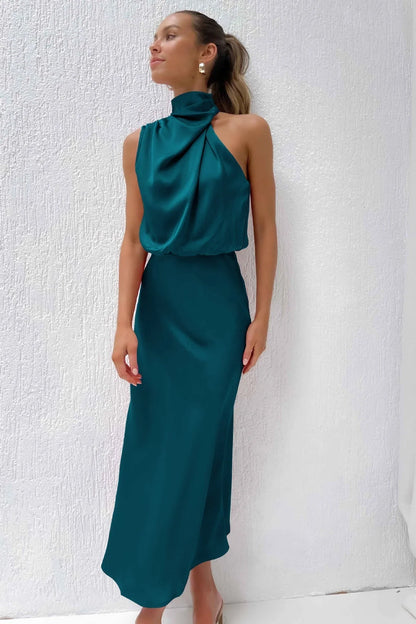 Satin Halter Neck Maxi Dress – Draped Cowl Bridesmaid Dress