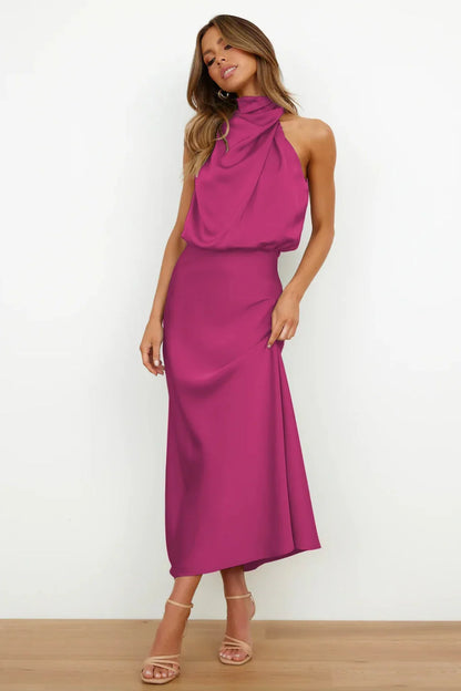 Satin Halter Neck Maxi Dress – Draped Cowl Bridesmaid Dress