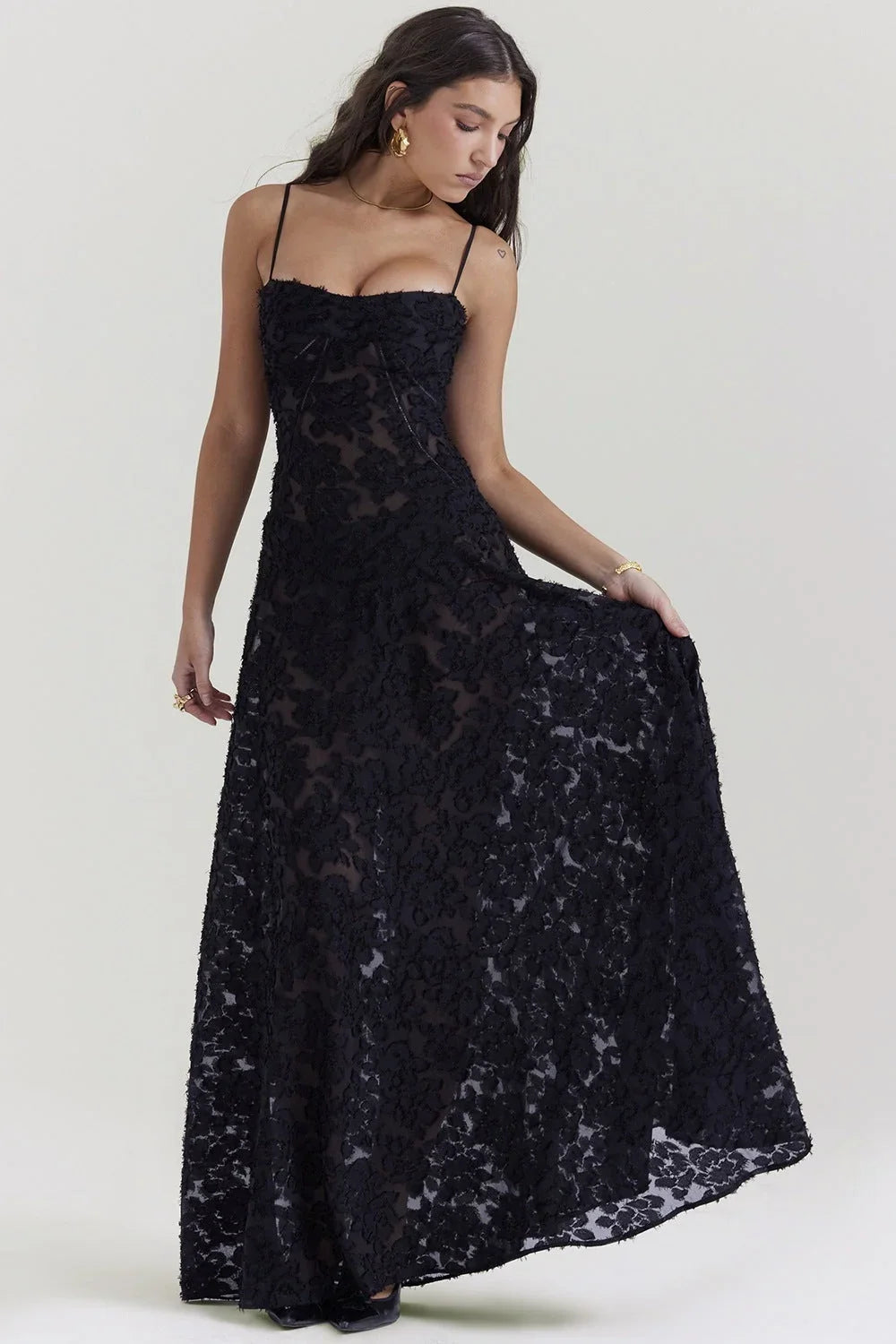 Satin Square Neck Maxi Dress – Spaghetti Strap Evening Gown