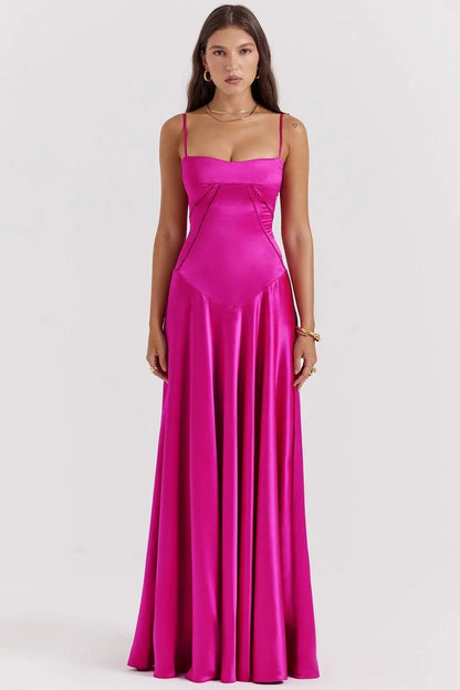 Satin Square Neck Maxi Dress – Spaghetti Strap Evening Gown