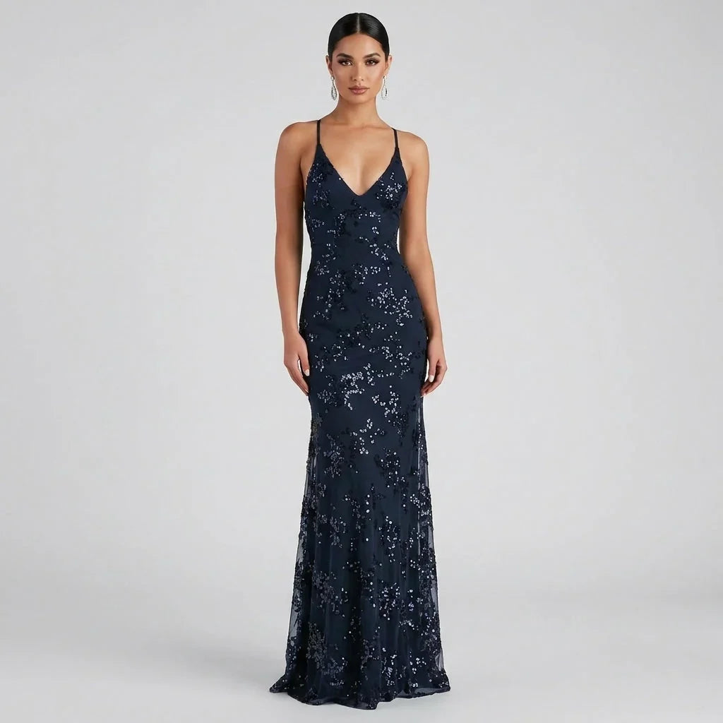 Navy Sequin Maxi Dress – Deep V-Neck Open Back Evening Gown