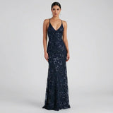 Navy Sequin Maxi Dress – Deep V-Neck Open Back Evening Gown