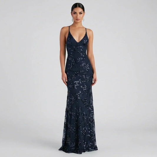 Navy Sequin Maxi Dress – Deep V-Neck Open Back Evening Gown