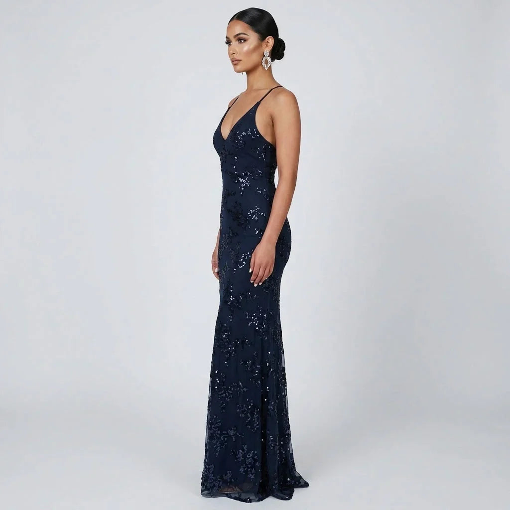 Navy Sequin Maxi Dress – Deep V-Neck Open Back Evening Gown