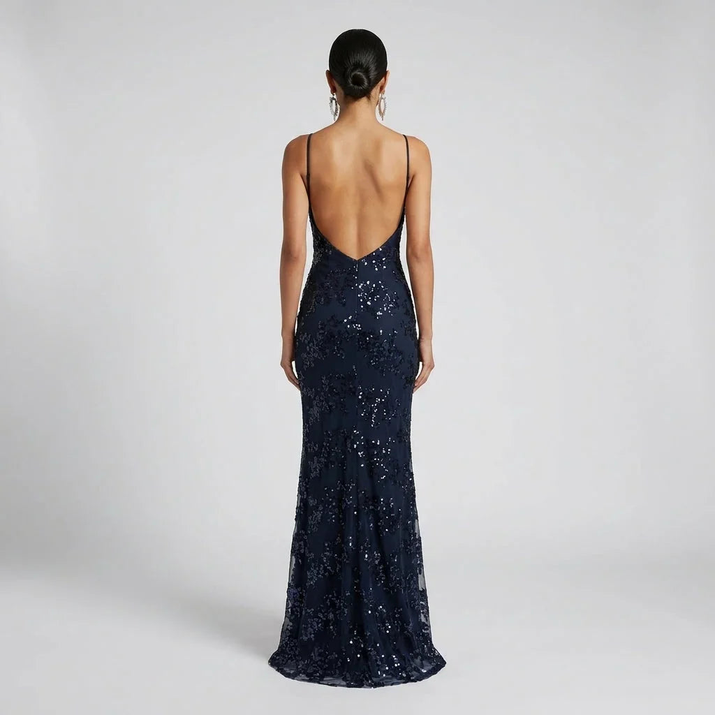 Navy Sequin Maxi Dress – Deep V-Neck Open Back Evening Gown