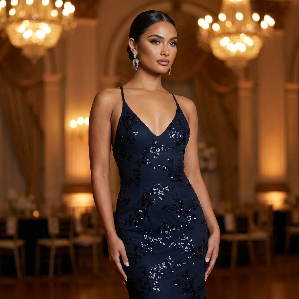 Navy Sequin Maxi Dress – Deep V-Neck Open Back Evening Gown