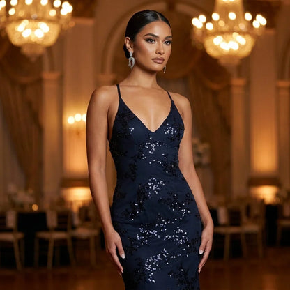 Navy Sequin Maxi Dress – Deep V-Neck Open Back Evening Gown