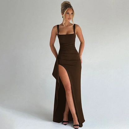 Square Neck Ruched Maxi Dress with Thigh Split – Wedding Guest & Evening Gown