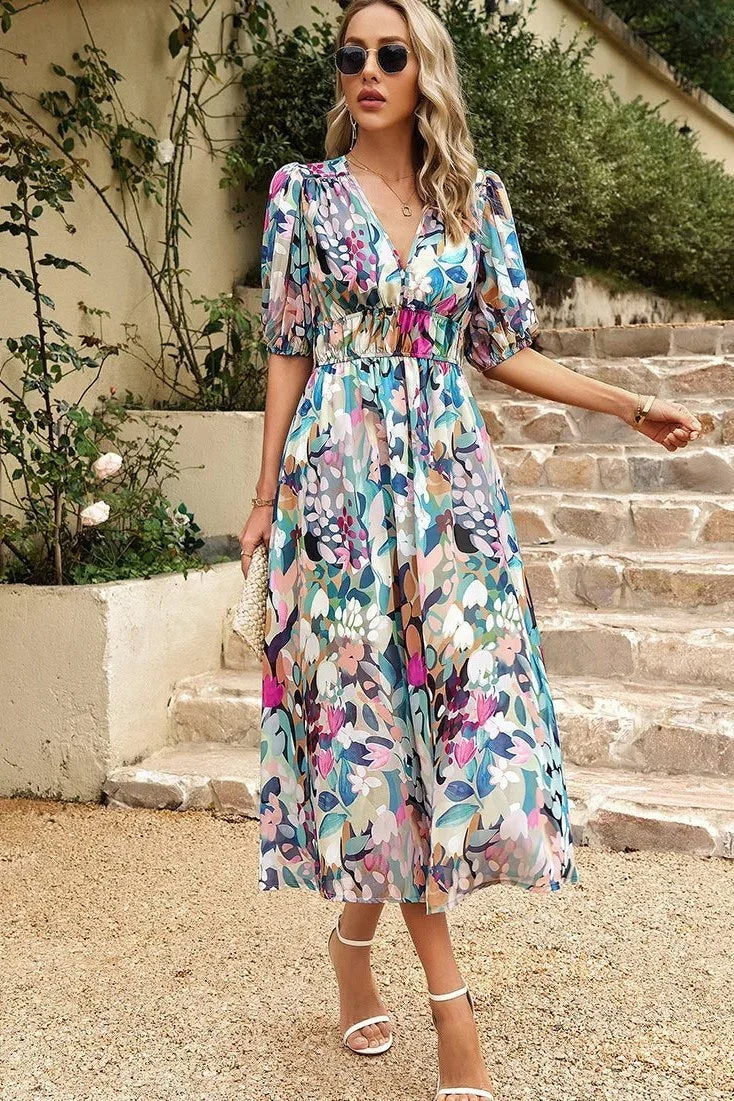 Women's Wedding Guest Dress | Midi Floral V-Neck Puff Sleeve