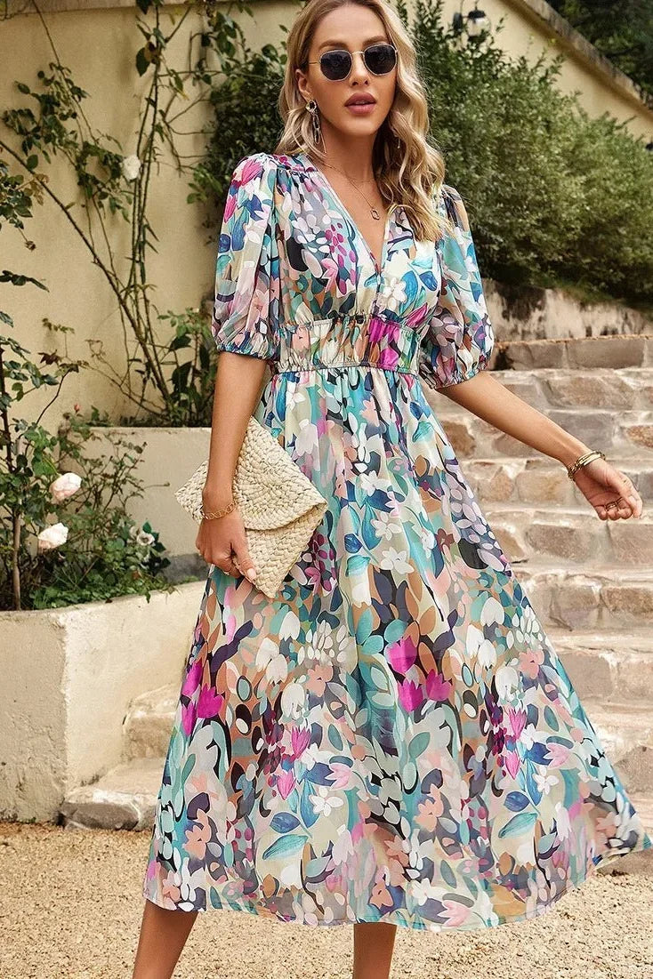Women's Wedding Guest Dress | Midi Floral V-Neck Puff Sleeve