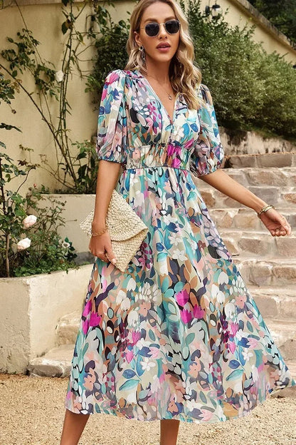 Women's Wedding Guest Dress | Midi Floral V-Neck Puff Sleeve