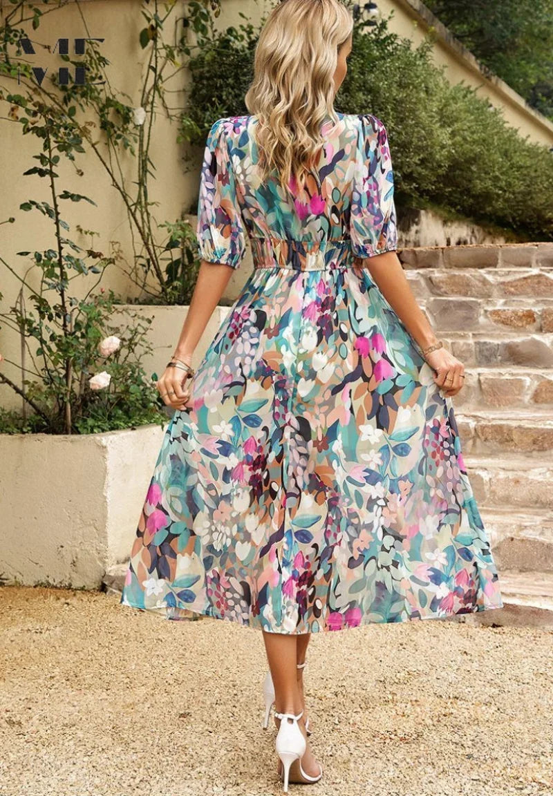 Floral V-Neck Puff Sleeve Midi Dress – Shirred Waist Summer Dress