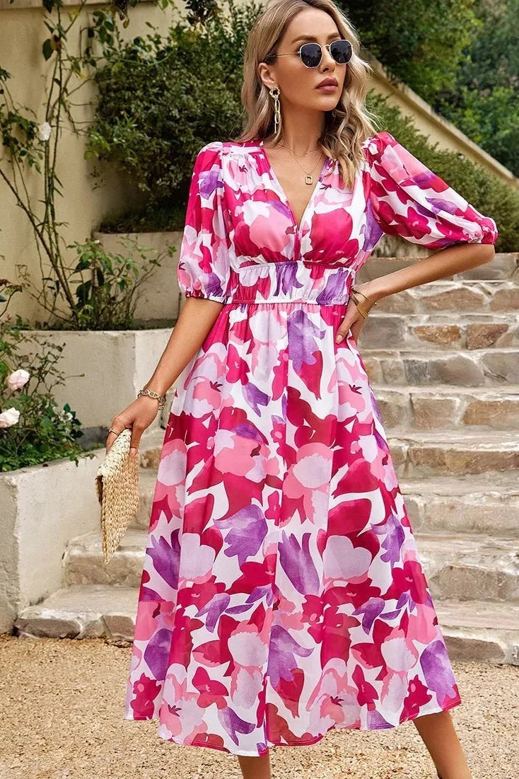 Women's Wedding Guest Dress | Midi Floral V-Neck Puff Sleeve