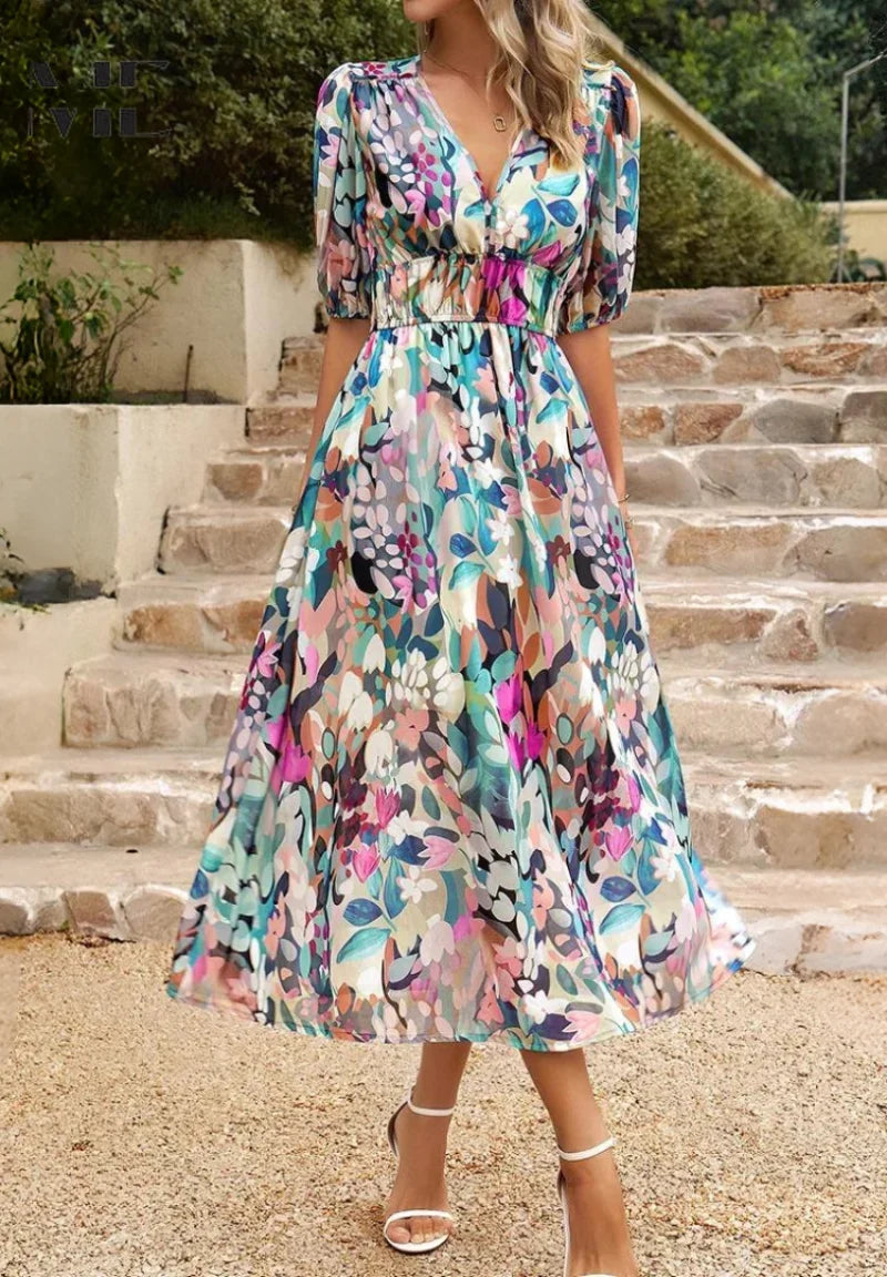 Floral V-Neck Puff Sleeve Midi Dress – Shirred Waist Summer Dress