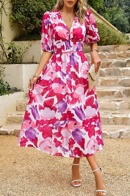 Women's Wedding Guest Dress | Midi Floral V-Neck Puff Sleeve