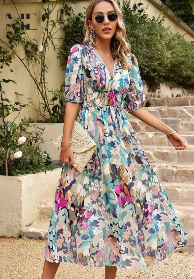 Floral V-Neck Puff Sleeve Midi Dress – Shirred Waist Summer Dress