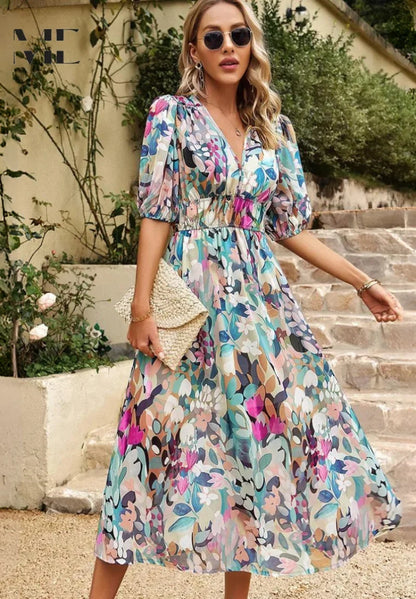 Floral V-Neck Puff Sleeve Midi Dress – Shirred Waist Summer Dress