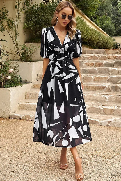 Women's Wedding Guest Dress | Midi Floral V-Neck Puff Sleeve